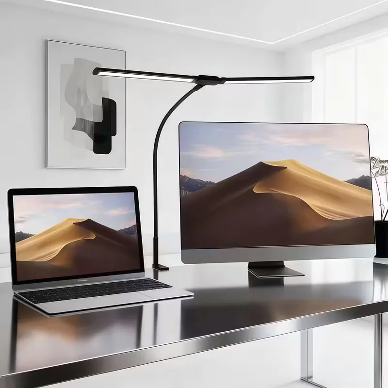 

Современная светодиодная настольная лампа с двойной головкой и алюминиевой защитой глаз на гибкой стойке, USB, подходит для офисного освещения для чтения и учебы