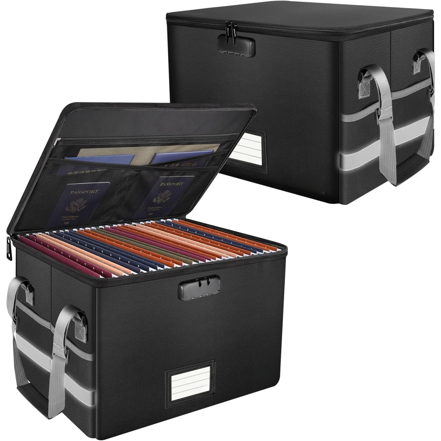 

File Box with Lock, Fireproof Document Box with Pockets, Collapsible File Organizer Filing Storage Cabinet with Handle, 2 Pack