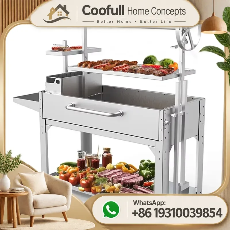 Stainless Steel Argentine BBQ Grill Wood Fuel Trolley For Outdoor Cooking Party Portable Charcoal Barbecue