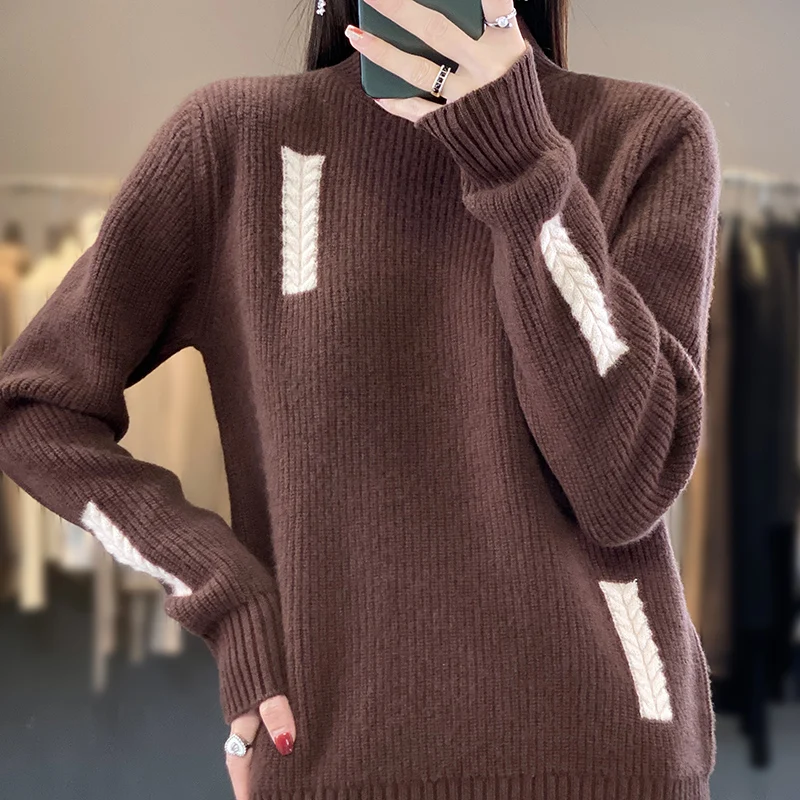 Half turtleneck cashmere sweater for women, jacquard color matching, fashionable pullover bottoming shirt, loose sweater