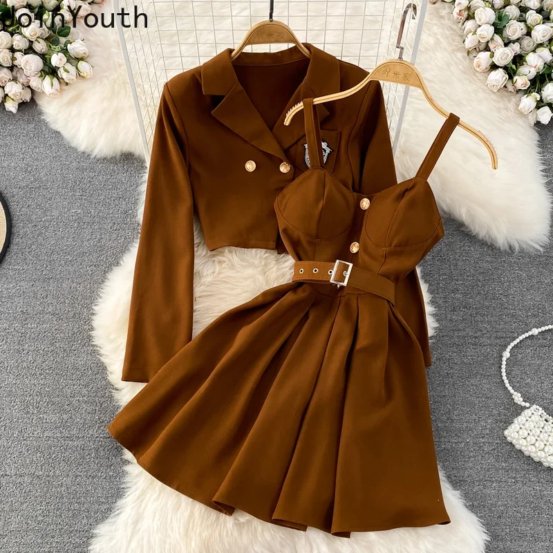 Women Clothing 2 Pieces Sets Vintage Strap Dress Outfits Y2K Short Jackets Tops Fashion Woman Two Piece Set Suits Korean Clothes