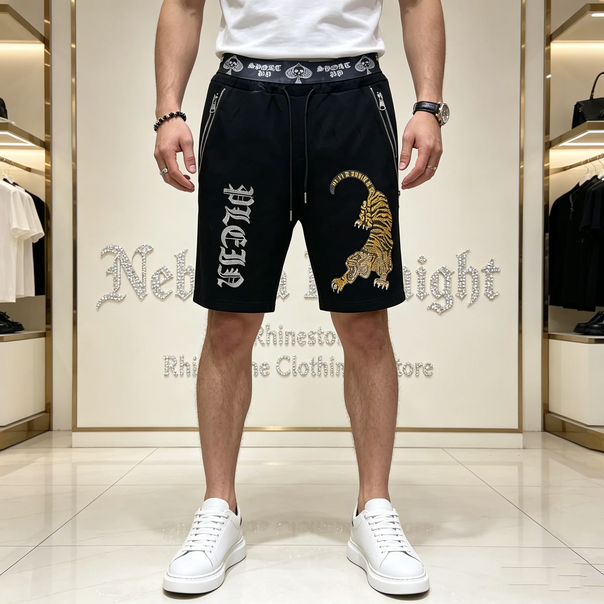 Hip Hop Men Rhinestone Shorts Classic Skull Tiger Pattern Zipper Pocket Street Beach Shorts