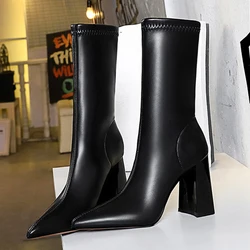 BIGTREE Shoes Mid-Calf Boots Chunky Block Heels Women Boots Pointed High-Heeled Boots Lady Pu Leather Boots Autumn Winter Shoes