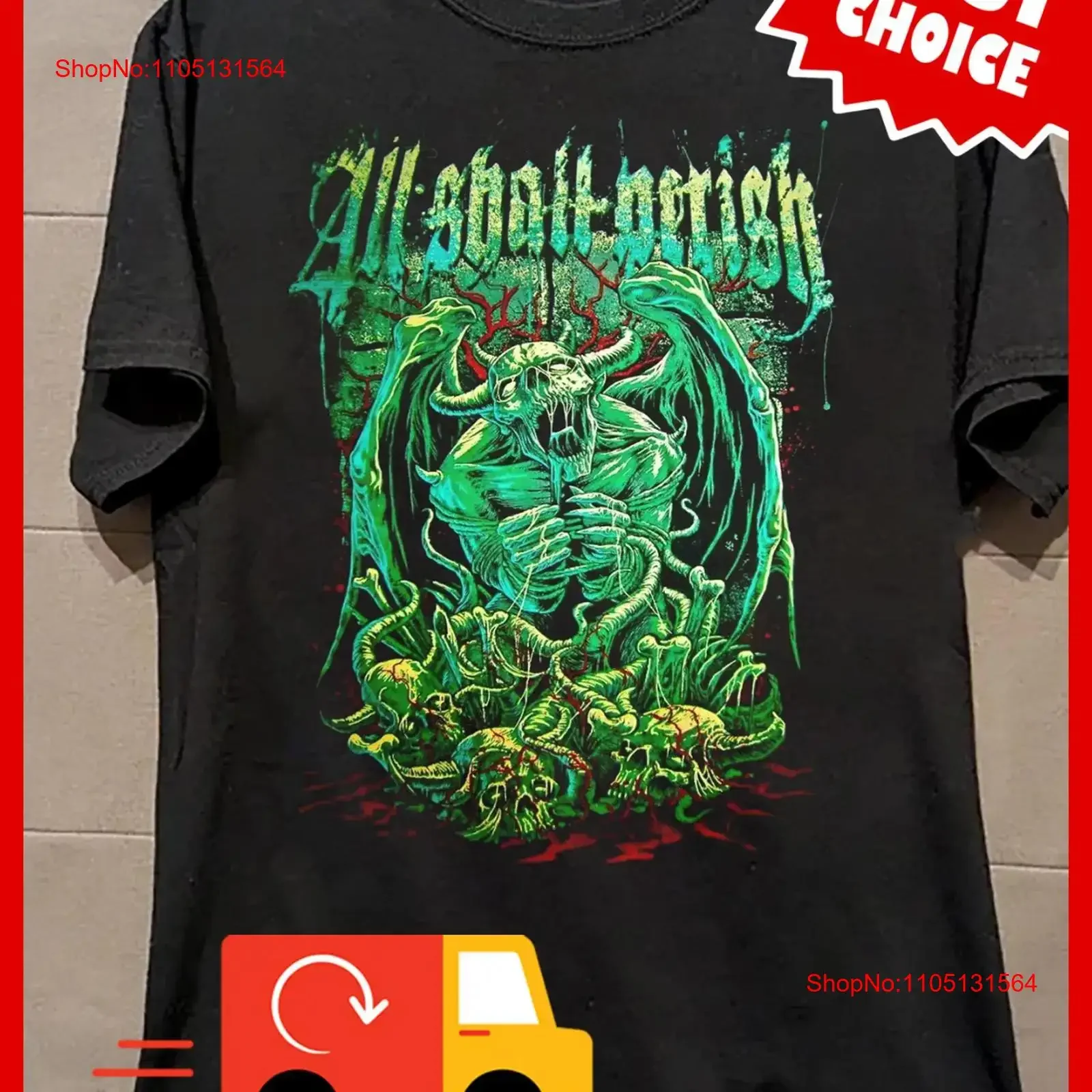 تي شيرت All Shall Perish Band مقاس أسود للمروحة عتيق مغسول بأناقة قليلاً برسومات أوم ممتدة ومريحة ومتعددة الاستخدامات #1