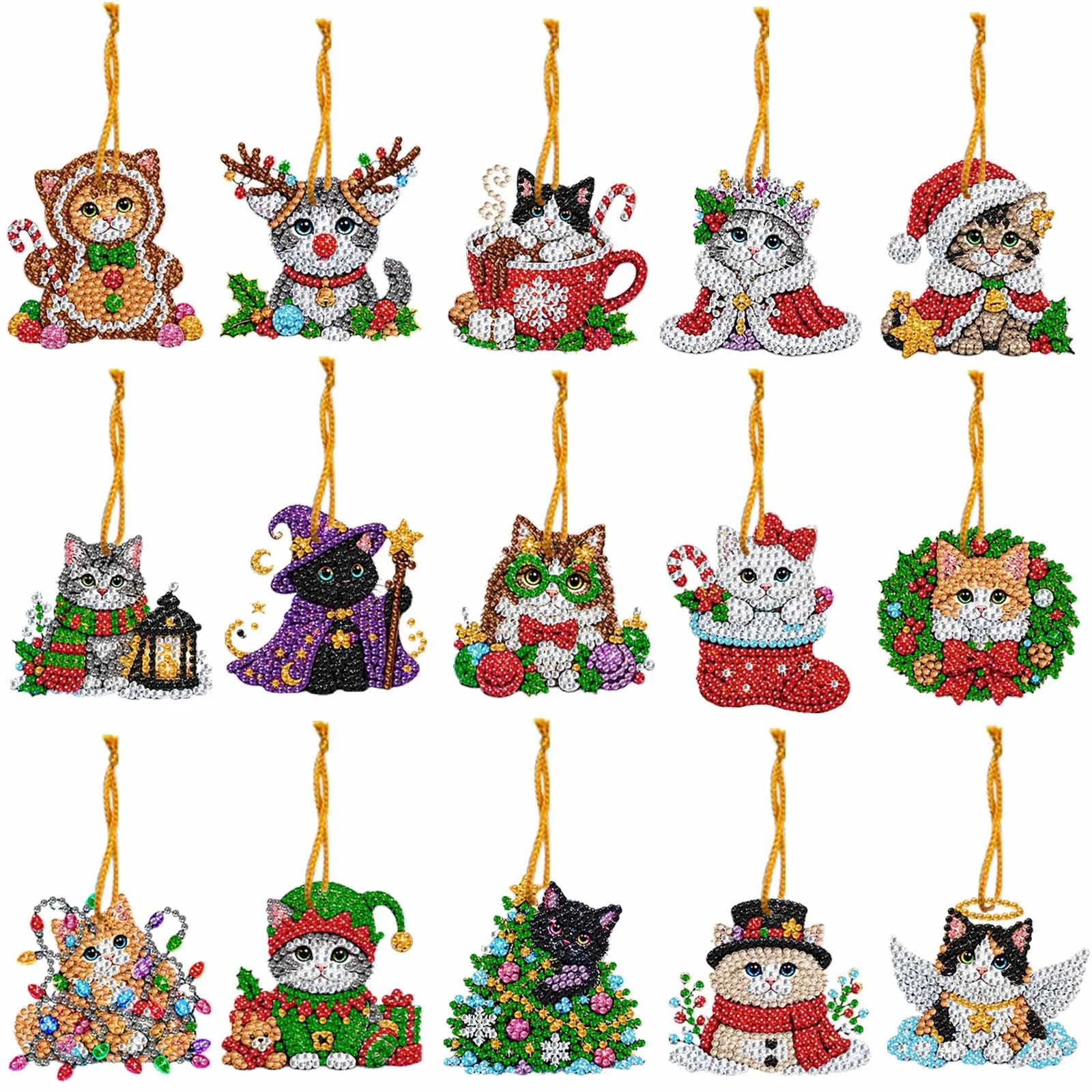 Christmas Ornament Set with Rope 15pcs DIY Diamond Painting Acrylic Rhinestone Xmas Hanging Pendants Kit