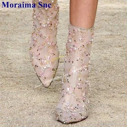 Trendy White Air Mesh Crystal Decor Ankle Boots Transparent Heel Women Shoes Back Zipper Pointed Toe 2024 Zapatos Para Mujere