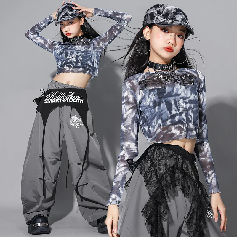 Girls K-pop Sequin Shiny Crop Shirt Cargo Pants Child Street Dance Costume Kids Hip Hop Streetwear Jazz Girl Group Clothes Set