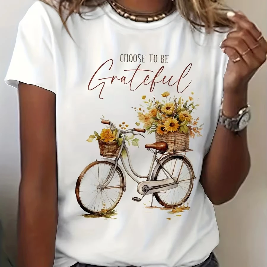 2026 Choose To Be Grateful Sunflower Bicycle Graphic T Shirt Unisex Men Women Vintage Floral Retro Cotton Short Sleeve Tee