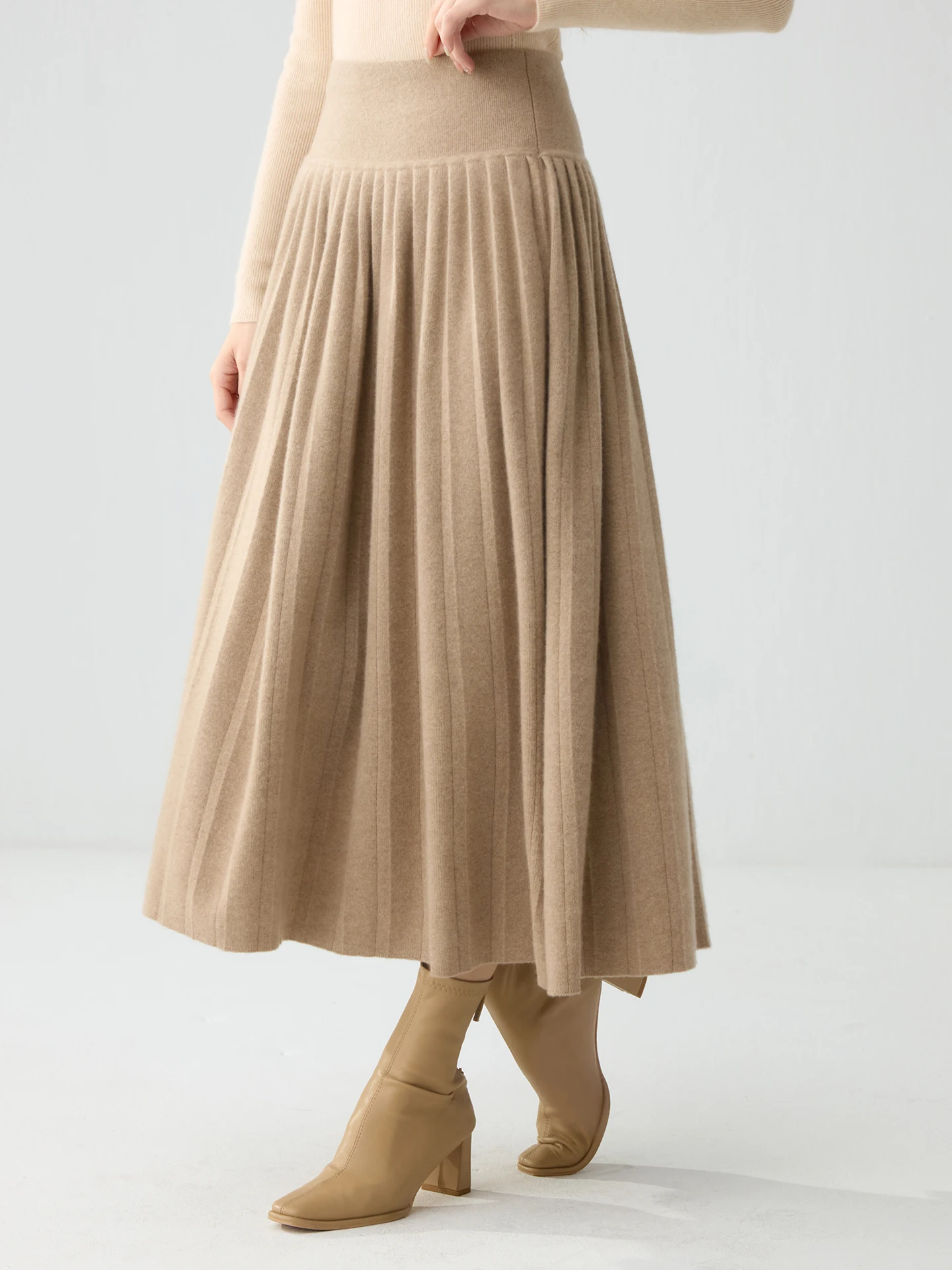 TLOML Luxury Women 100% Cashmere High-waisted heavy-duty Pleated long Skirt Autumn Winter Cashmere Knitwear Warm Thicken Skirt