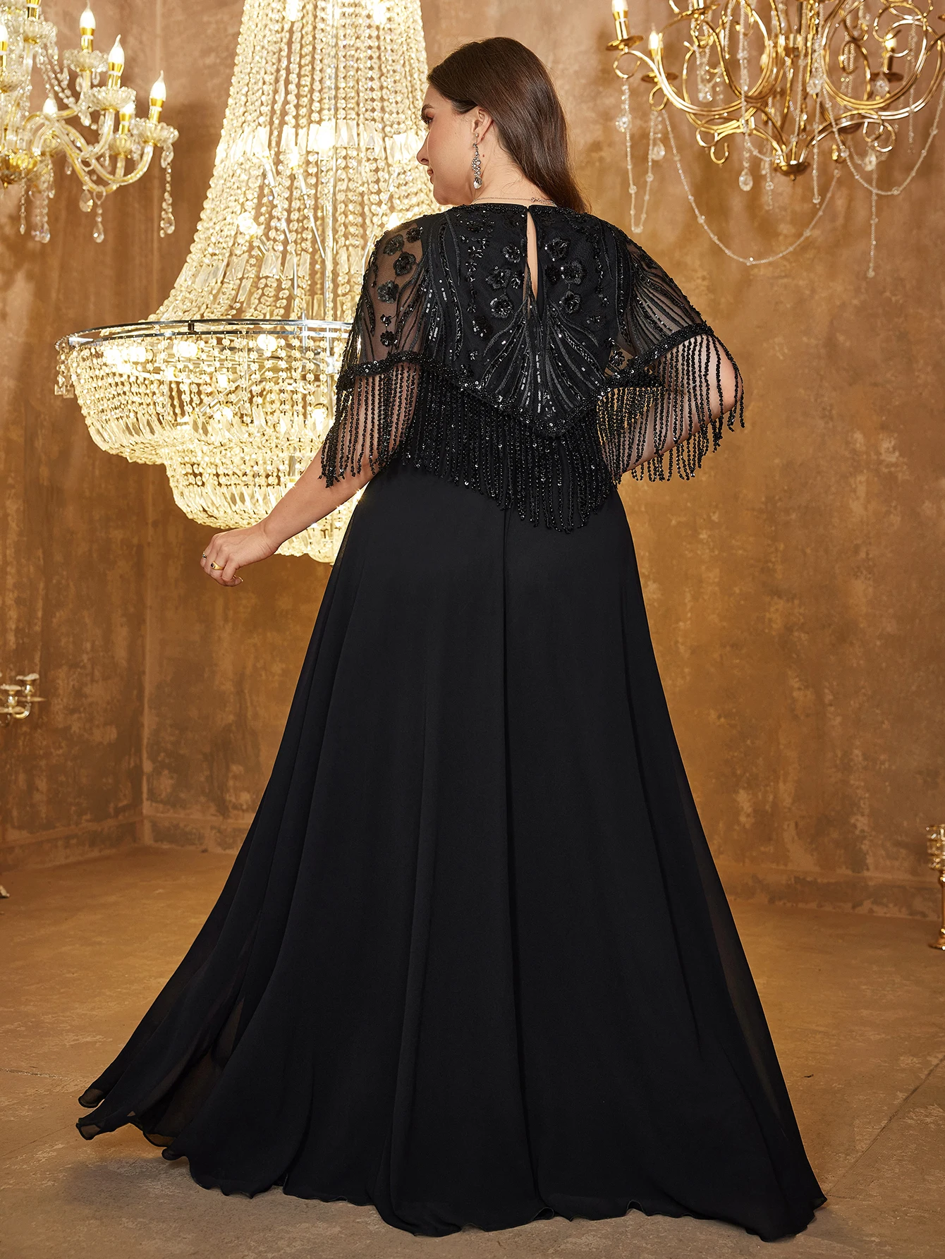 UNITHORSE Plus المرأة الخامس الرقبة صنعة عالية الترتر المرقعة الشيفون شرابة كم سليم المناسب مزاجه ماكسي مساء