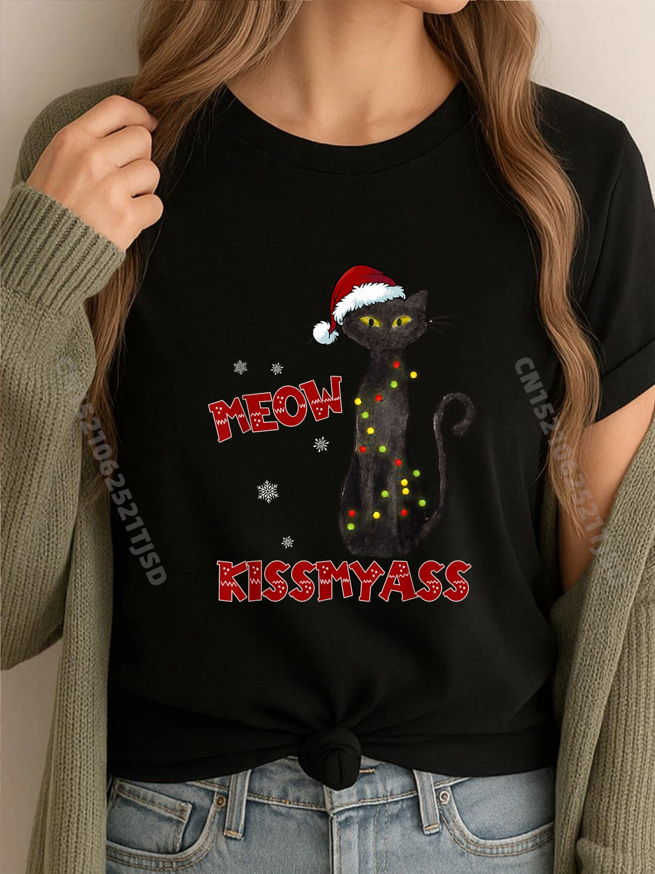

Hilarious Merry Kissmyass Cat Christmas Lights Black Graphic T Shirts Anime T Shirts Loose