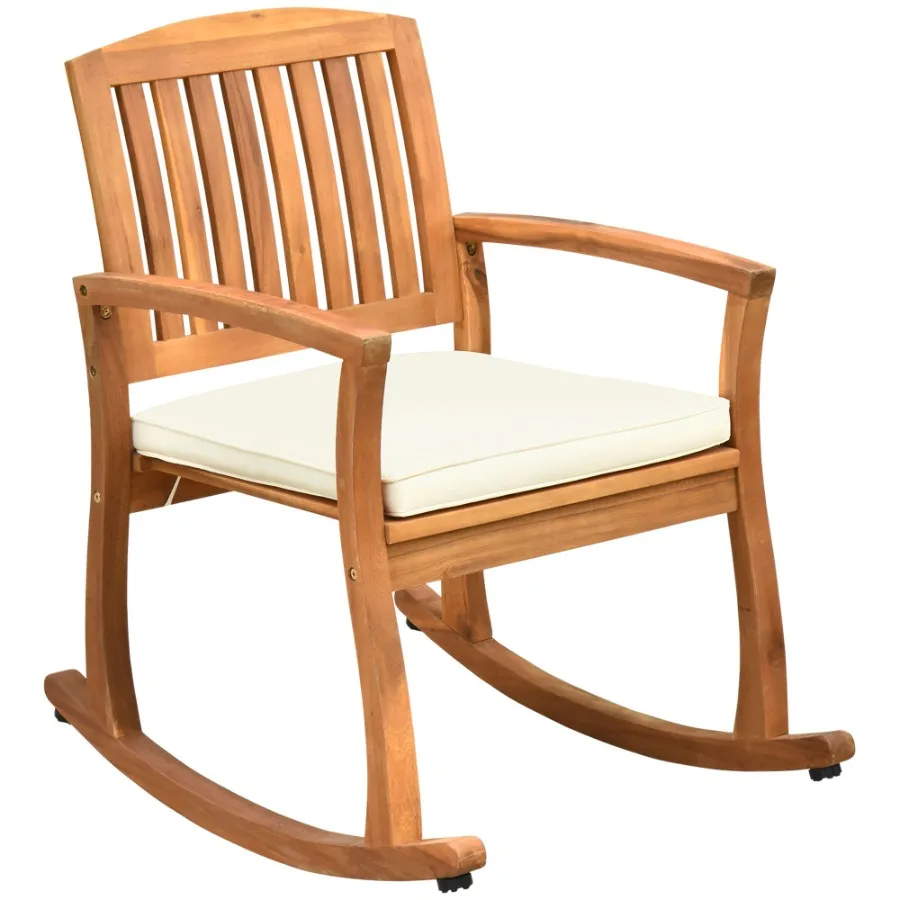 Teak Toned Tranquility: Acacia Wood Outdoor Rocking Chair with Cushion for Backyard