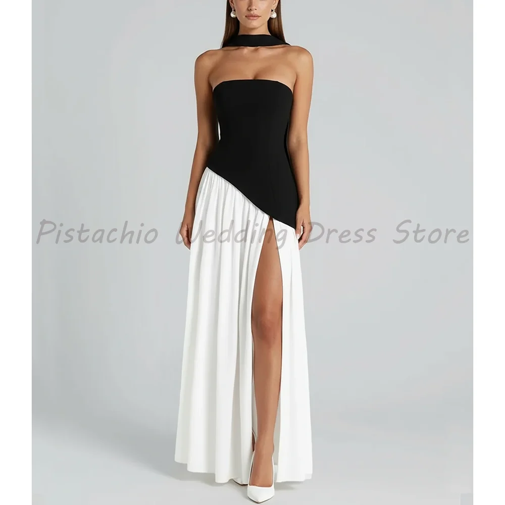

Elegant Black White Strapless Halter Neck Asymmetrical Waist High Split Evening Dress For Women Formal Party Prom Wedding Gown