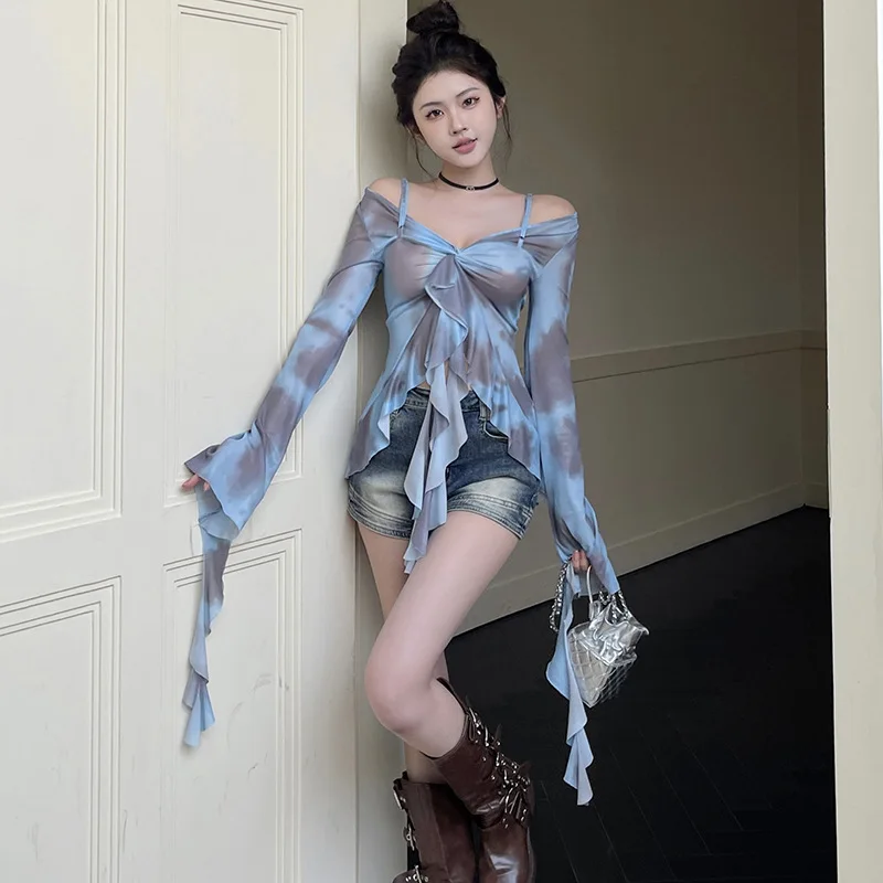 Sweet Mesh Printed Top Sexy Irregular Ribbon Long Sleeve Versatile Coat Perspective One Shoulder Strap Street Trendy Pullover