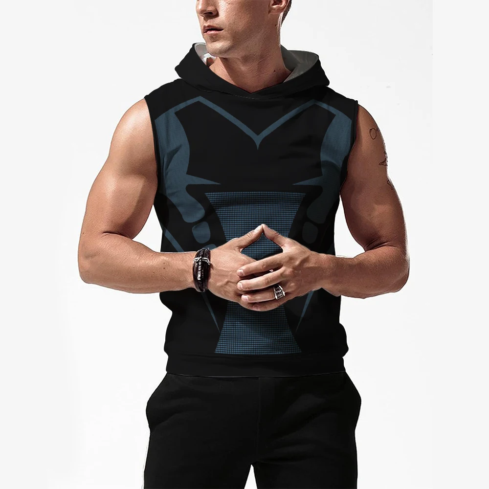 

Summer Men's Hooded Vest Outdoor Sports Jogging Training Quick Drying Shirt 3D Printed Checkered Spot Pattern Oversized Tank