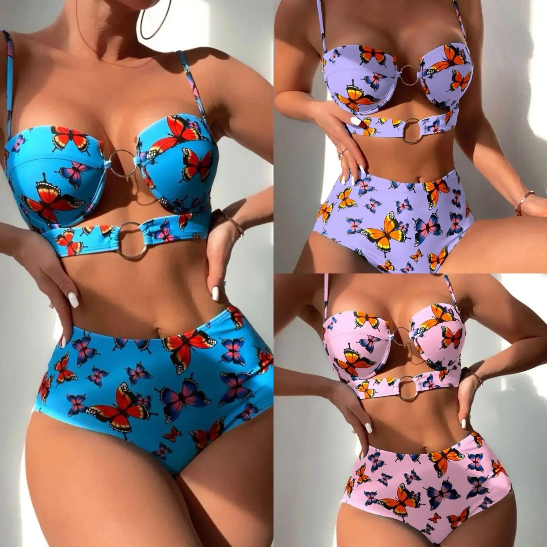 2024 Summer New Print Strapped Swimwear Women Sexy High Waist Push Up Bikini Hollow Backless Swimsuit Beach Female Bathing Suit