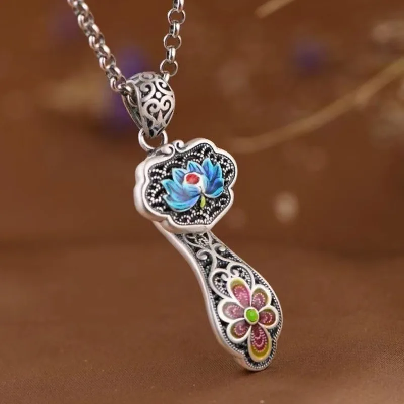 silver 925 Ruyi Lotus flower Pendant for Women Ethnic Style Colorful Enamel Craft Necklaces Classic and Exquisite Jewelry