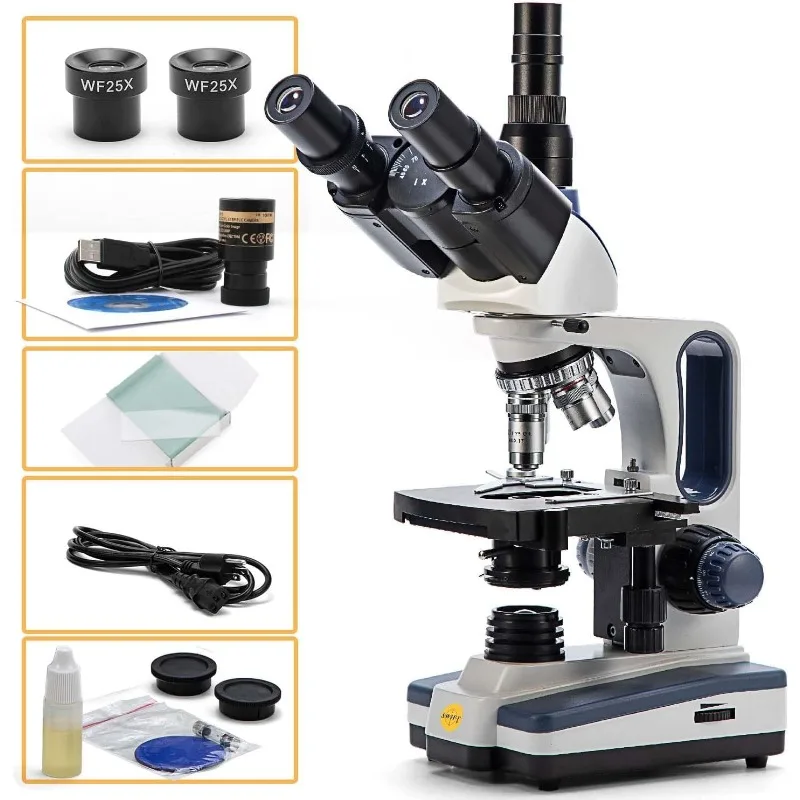 Trinocular Compound Microscope SW350T,40X-2500X Magnification,Siedentopf Head,Research-Grade,Two-Layer Mechanical Stage,1.3mp