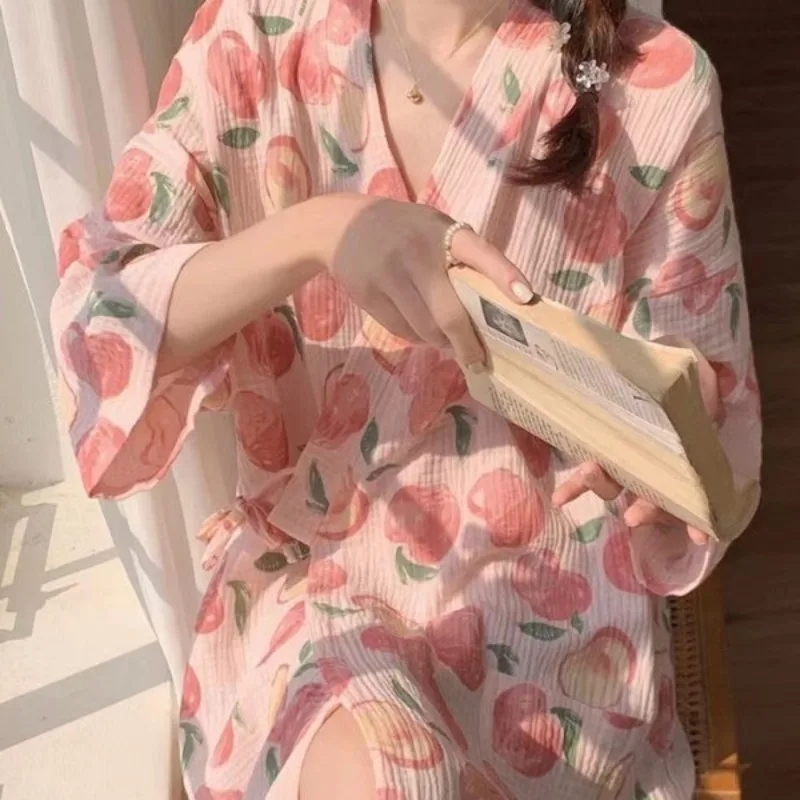 Women Robe Peach Print Sleepwear V-Neck Bathrobe Kimono Robes with Belt Korean Night Dress Bridesmaid Dressing One Piece Pajamas