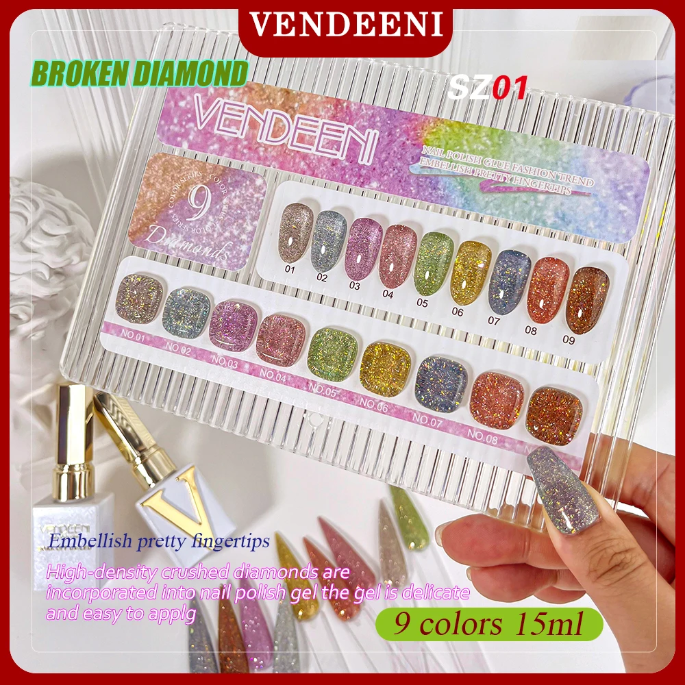 

Vendeeni 9 Colors/set Glitter Broken Diamond Gel Nail Polish Brown High Density Sparkling Soak Off Colorful UV LED Gel Varnish