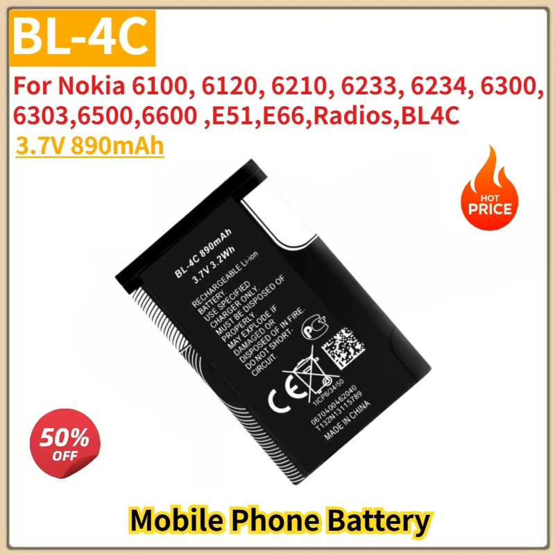 BL-4C High Quality Phone Battery 3.7V 890mAh For Nokia 6600 6500 6303 6300 6234 6100 6120 6210 6233 E51 E66 Radios Brand New
