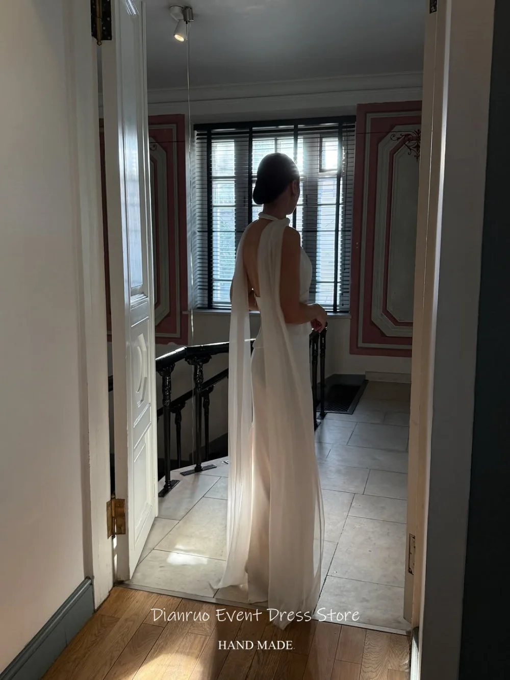 Dianruo Minimalist Satin Bridal Wedding Dresses Ribbons Straight Handmade Party Dress Deep V Neck Evening Dresses Customized