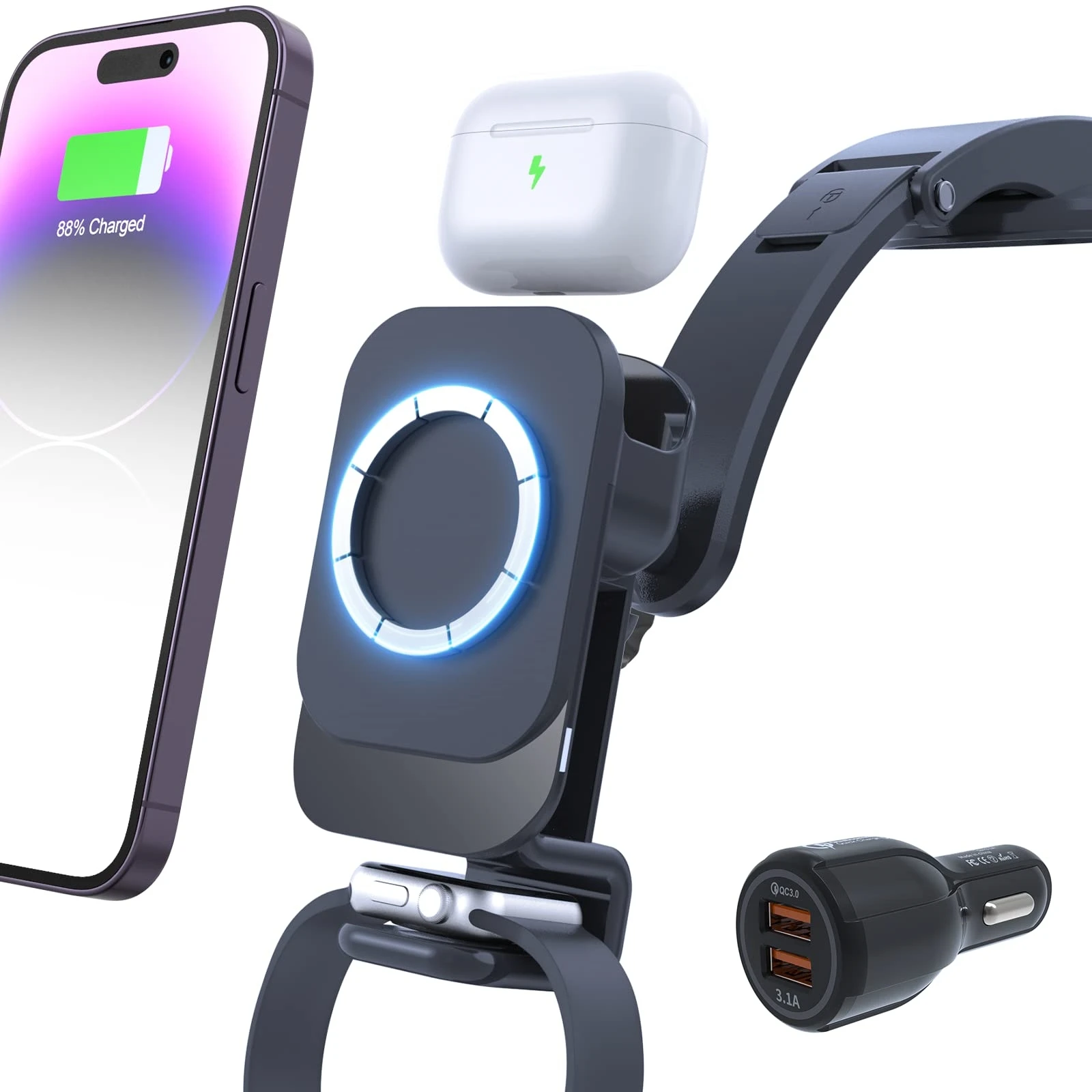 

3 in 1 Magnetic Wireless Car Charger,Car Charging Mount for iPhone/iWatch/AirPods,Car Phone Holder Mount Charger for iPhone14/13