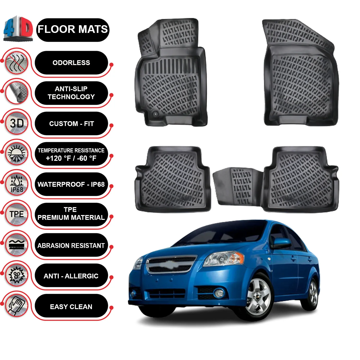 Chevrolet Aveo - (2002-2011) Floor Mats Liner Waterproof 3D - (Black)