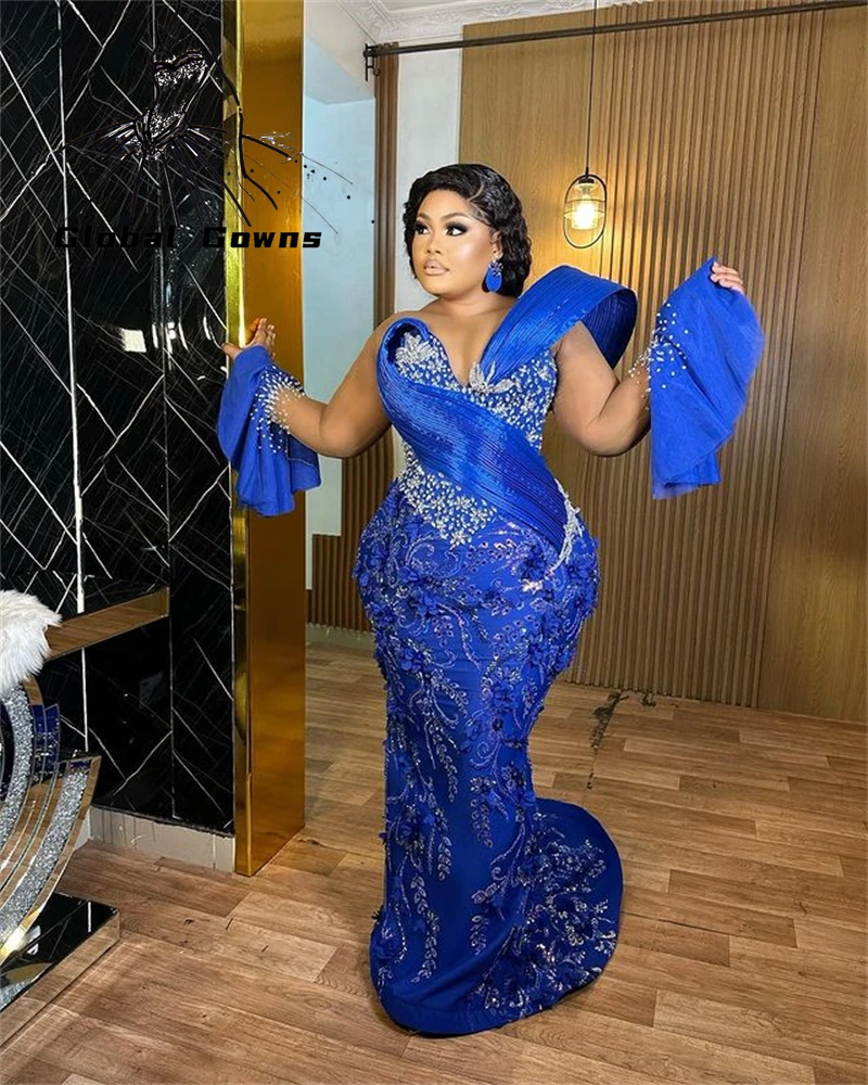 Aso Ebi Royal Blue O N Evening Dress Black Girl Bead Crystal Birthday Party Dresses Luxury Flower Wedding Prom Gown Customized