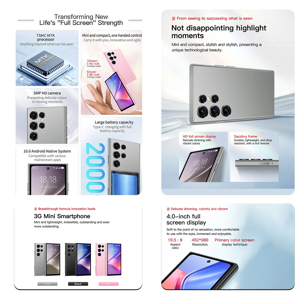 ONEMYTH S26 Pro ultra compacto: mini telefone Android 12 de 4 polegadas, SIM duplo 4G, memória de 3 GB + 64 GB, smartphone de backup externo