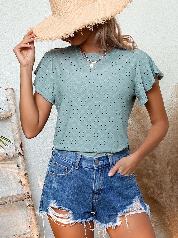 Fashion casual knitted jacquard hollowed out petal sleeve round neck simple solid color T-shirt