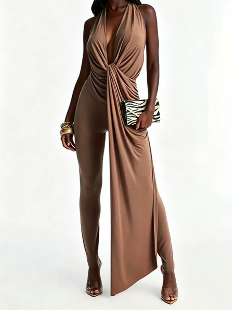 Foamlina Women Fashion Solid Halter Jumpsuit Deep V Knotted Front with Drape Overlay Backless Tie Skinny Pants Club Party Romper