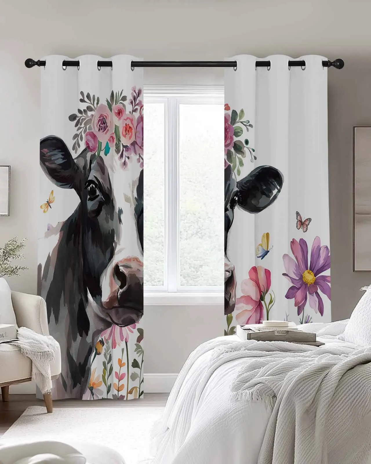 

Farmhouse Wildflowers Cow Floral Window Curtains For Kitchen Bedroom Living Room Home Decor Drapes