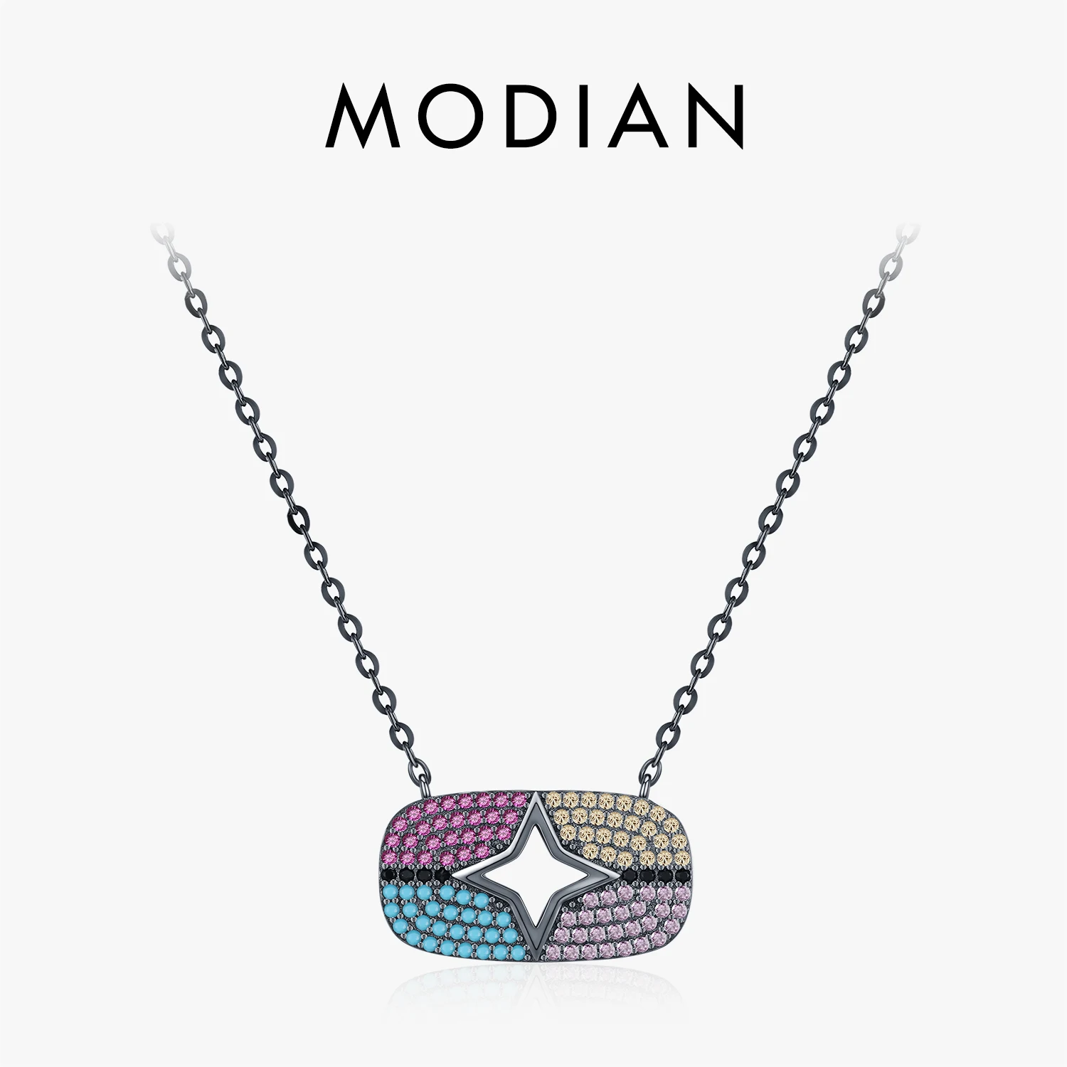 

MODIAN 925 Sterling Silver Hip Pop Turquoise CZ Black Golden Link Chain Pendant Necklaces For Women Fine Jewelry