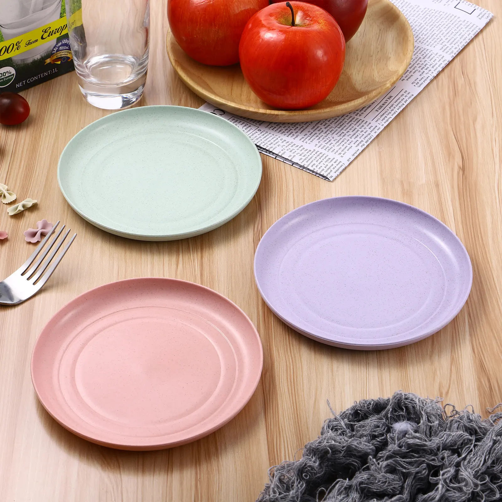 5Pcs Wheat Straw Plates Natural PP Material Shallow Rim Flat Bottom Safe Unbreakable Dinnerware Set for Breakfast Lunch Dinner view 4