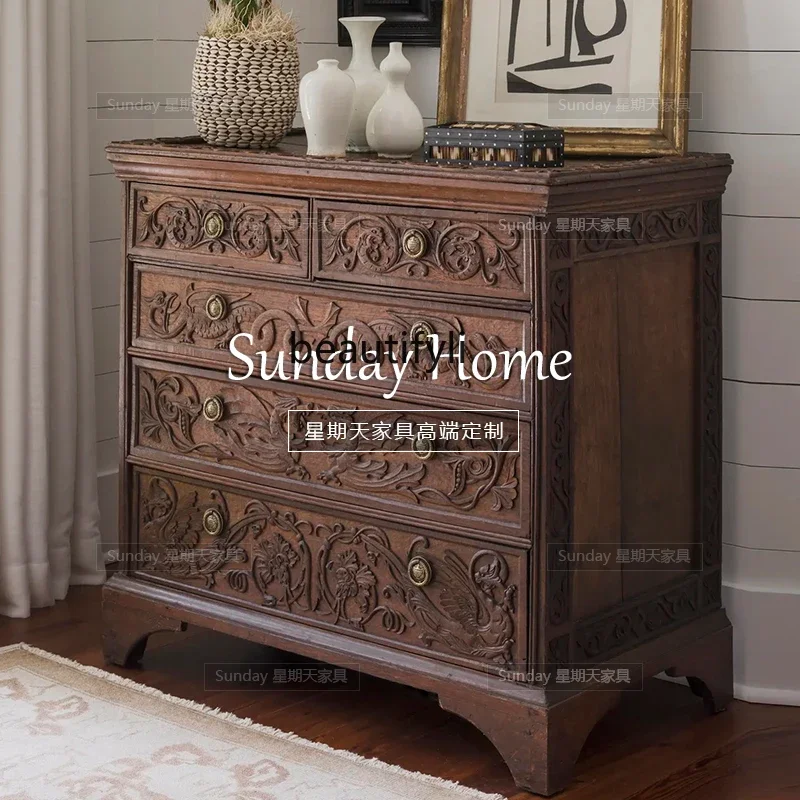 

Neoclassical European high-end foyer locker American solid wood carving flower bedroom chest of drawers R