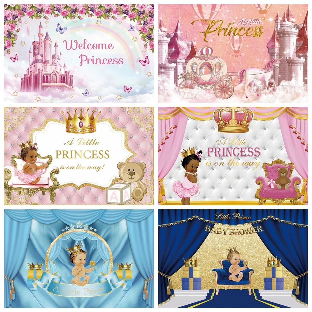 Newborn Baby Shower Birthday Backdrop for Photography Princess Prince Girl Boy Crown Flower Castle Background Decor Photo Studio