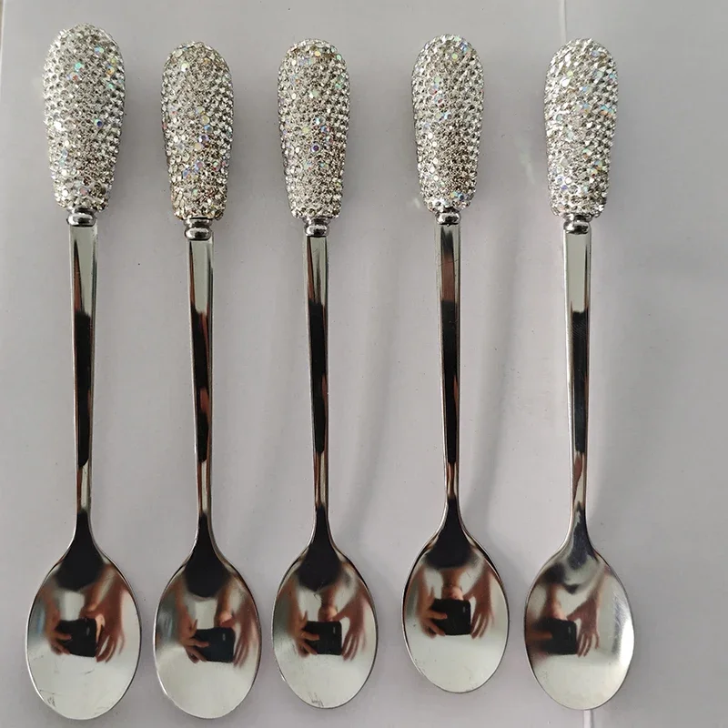 Stainless Steel Dessert Spoon Fruit Fork Bling Rhinestones Coffee Spoon Teaspoon Ice Cream Small Fork Spoon Western Tableware