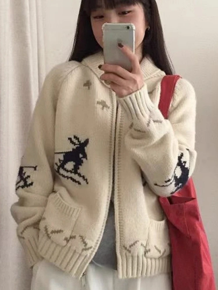 

Korean Fashion Cardigan Turn Down Collar Zipper Pockets Jacquard Contrast Color Sweaters 2025 New Loose Knit Tops Women Clothing
