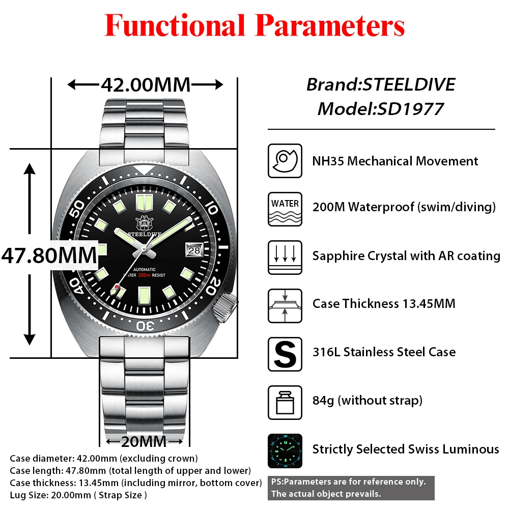 STEELDIVE Top Brand Thin Abalone Men's Diving Mechanical Watches AR Coating Sapphire Glass Movement 200M Waterproof Dive Watch