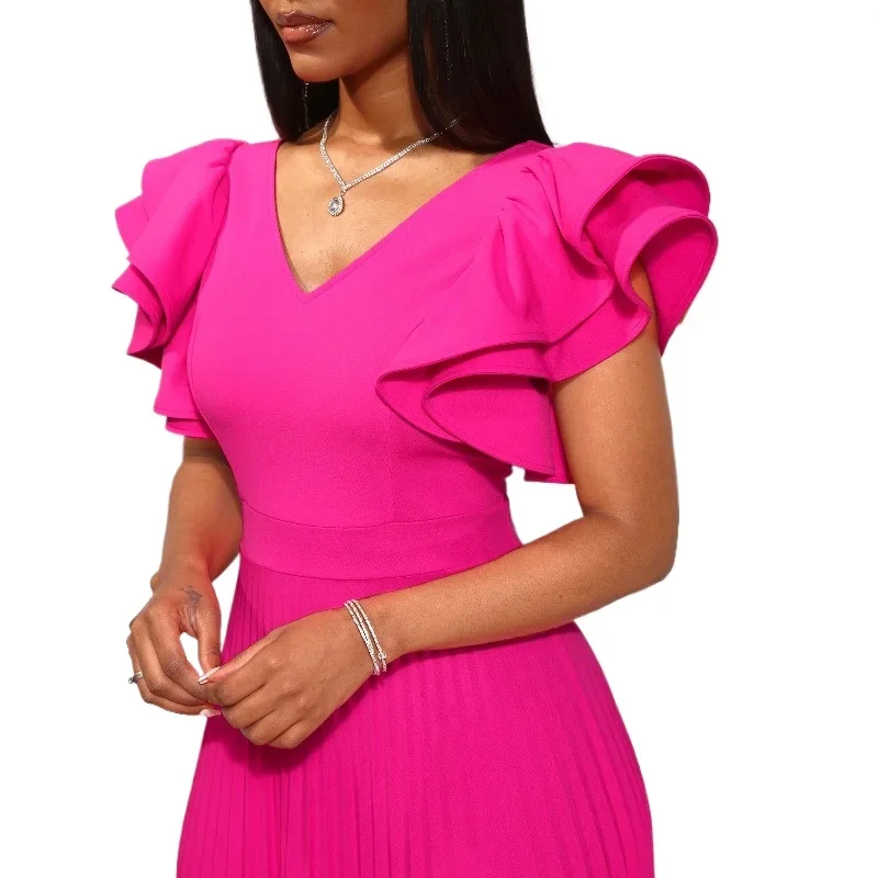 

Rose Luxury Pleated A Line Dress Party Women V Neck Short Ruffles Sleeves High Waist Fashion Elegant Bright Wedding Guest New
