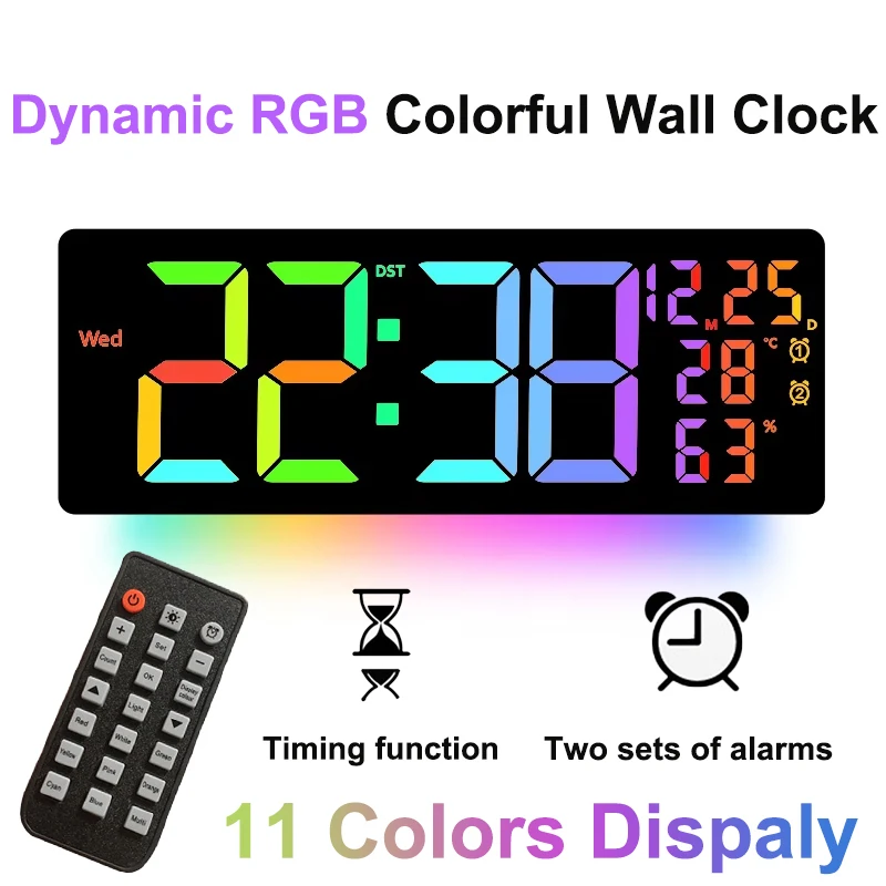 17" große digitale Wanduhr 11 Farben Display & dynamische RGB-LED-Uhren Temperatur Datum Woche Anzeige Fernbedienung Dual-Wecker