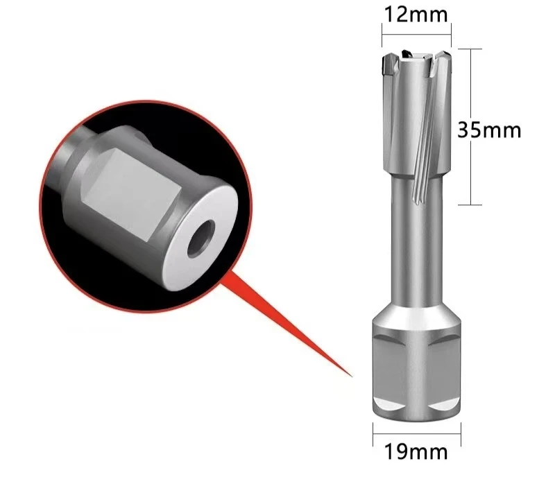 TCT Annular Cutter 12mm Diameter 35mm Cutting Depth, High Speed Wear Resistant Weldon Shank Core Drill Bit for Metal Drilling
