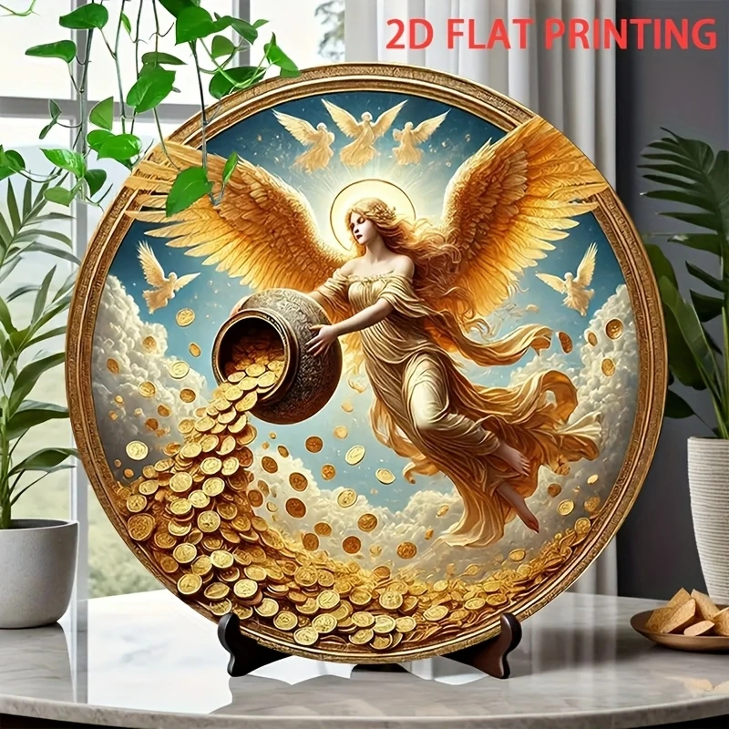 2D Retro Angel Wall Decor 8in Wooden Circular Disc Gold Coin Design Hanging Home Office Coffee Shop Artwork Money Drawing Decor