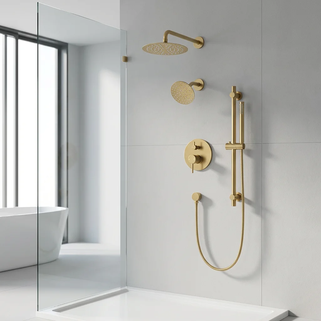 Shower Set,Gold Concealed Shower System Set Ceramic Valve Core 3-Function In-Wall Shower Faucet 10-Inch Rain Massage Jet Spray S