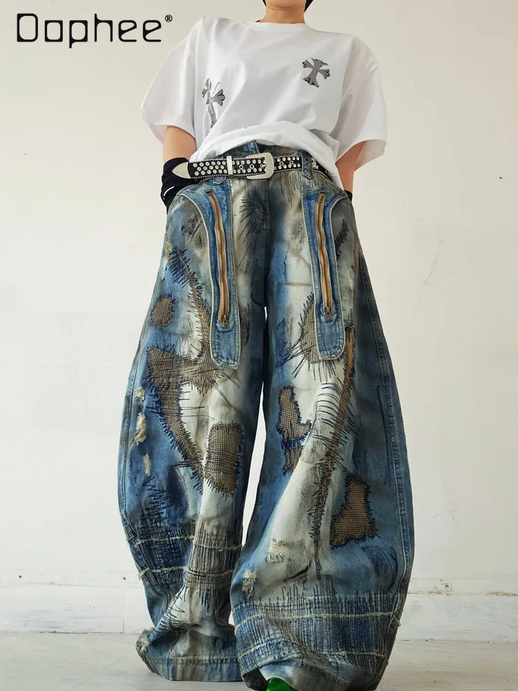 

American Retro Washed Distressed Jeans 2026 Spring New Street Unique Gothic Retro Colorful Printed Wide-leg Pants Loose Jeans