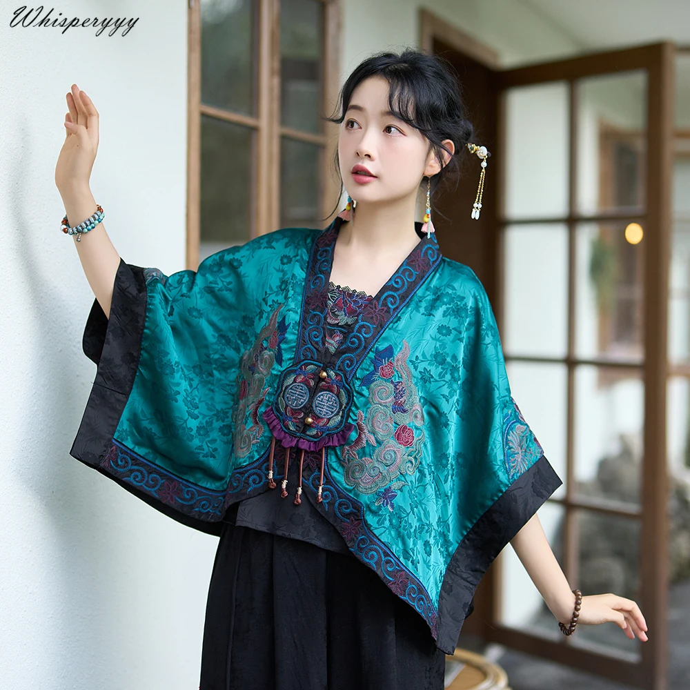 

Ethnic Style Vintage Embroidery Cape Jacket Overcoat Loose Bat-sleeve Sun Protection Tops Chinese Cloak Women Classical Shawl