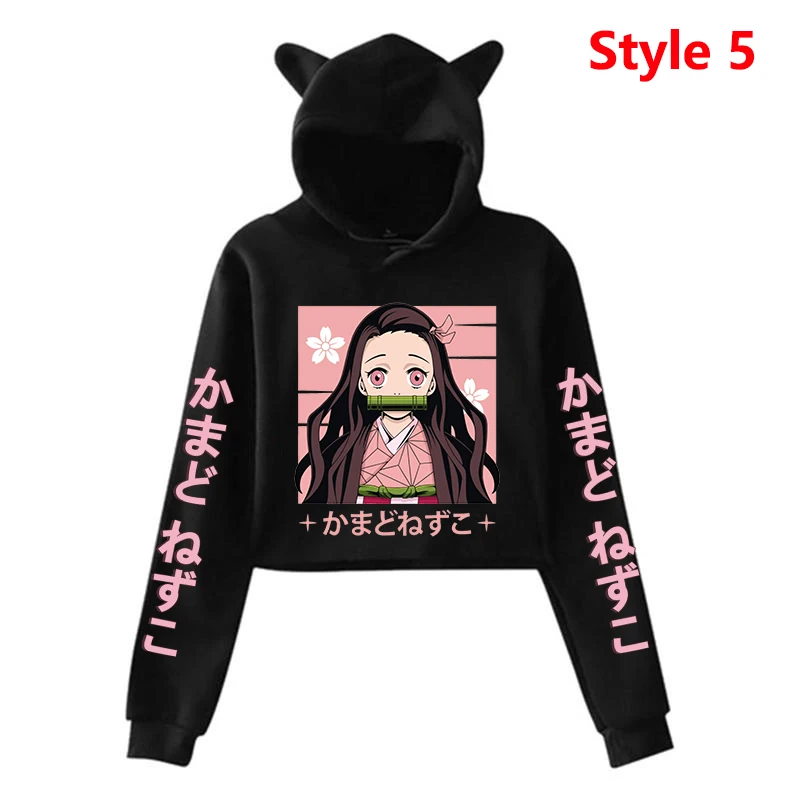 New Fashion Women Girl Y2k Hoodie Kamado Nezuko Long Sleeve Cat Ear Streetwear Harajuku Sweatshirt Anime Short Pullover Tops