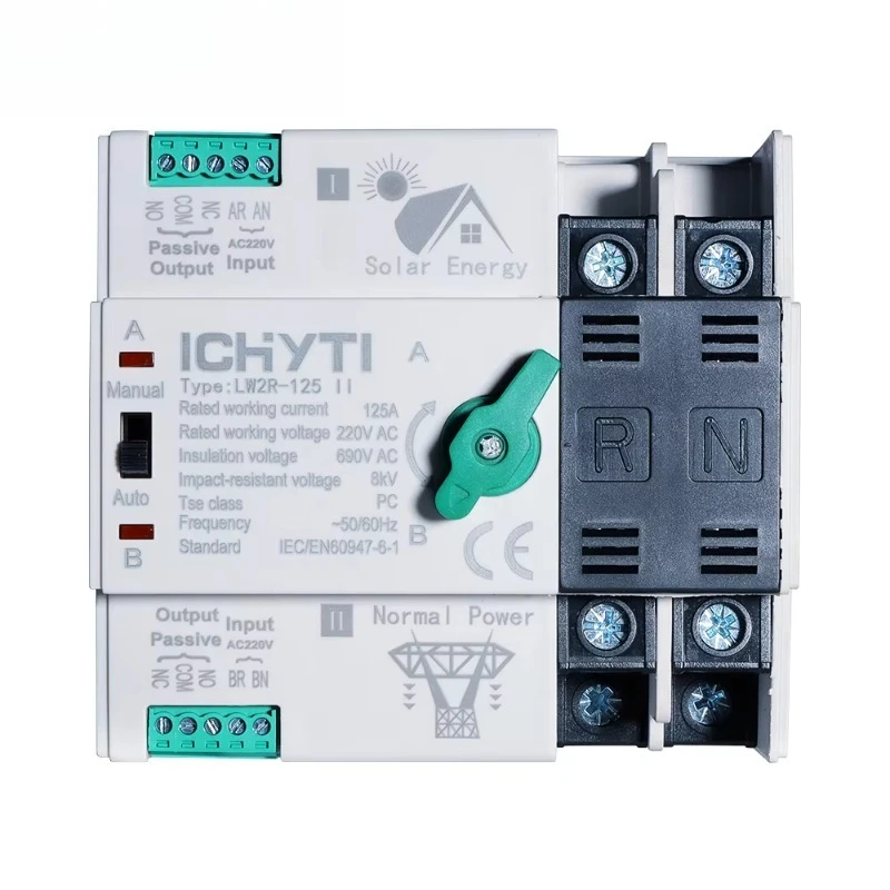 LW2R-100 Uninterrupted Dual Power Automatic Transfer Switch (2P, 3P, 4P) for Solar Inverters - AC 220V, 63A, 100A, 125A
