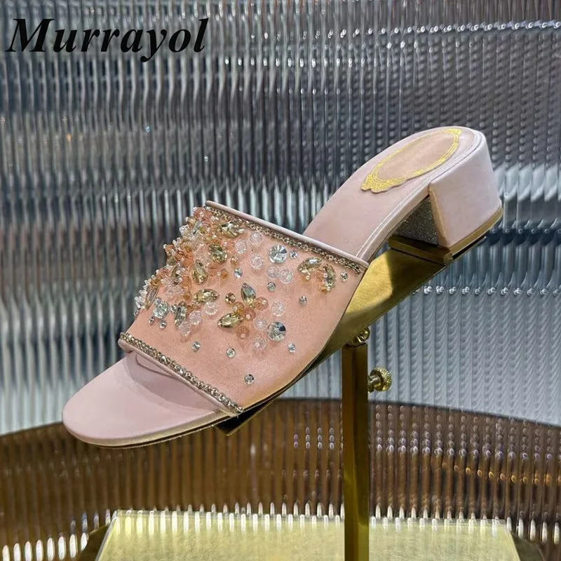 New Dress Shoes Women Open Toe One Strap Square Heels Slippers Summer Flower Rhinestone String Bead Decor Solid Color Sandals